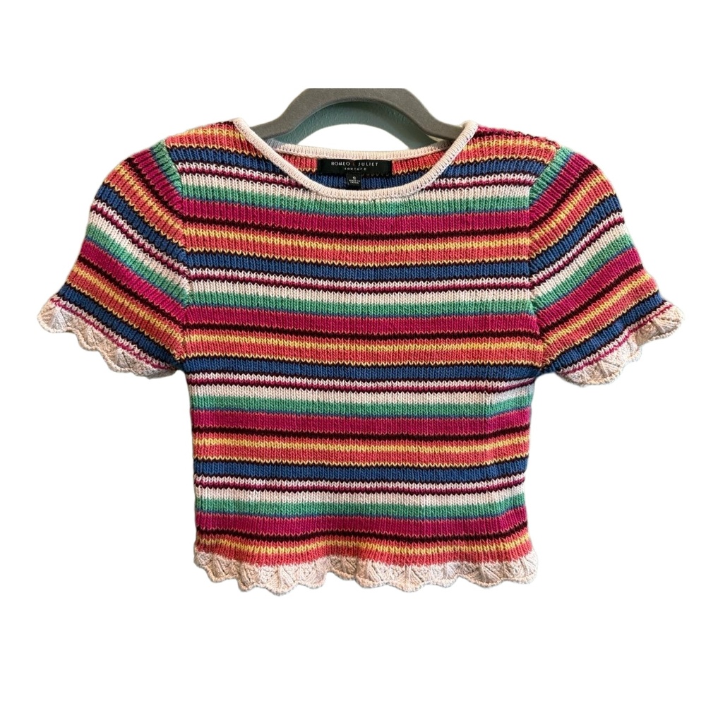 Romeo Juliet Couture Top Womens Size S Multicolor Crop Ribbed Knit Scalloped Hem